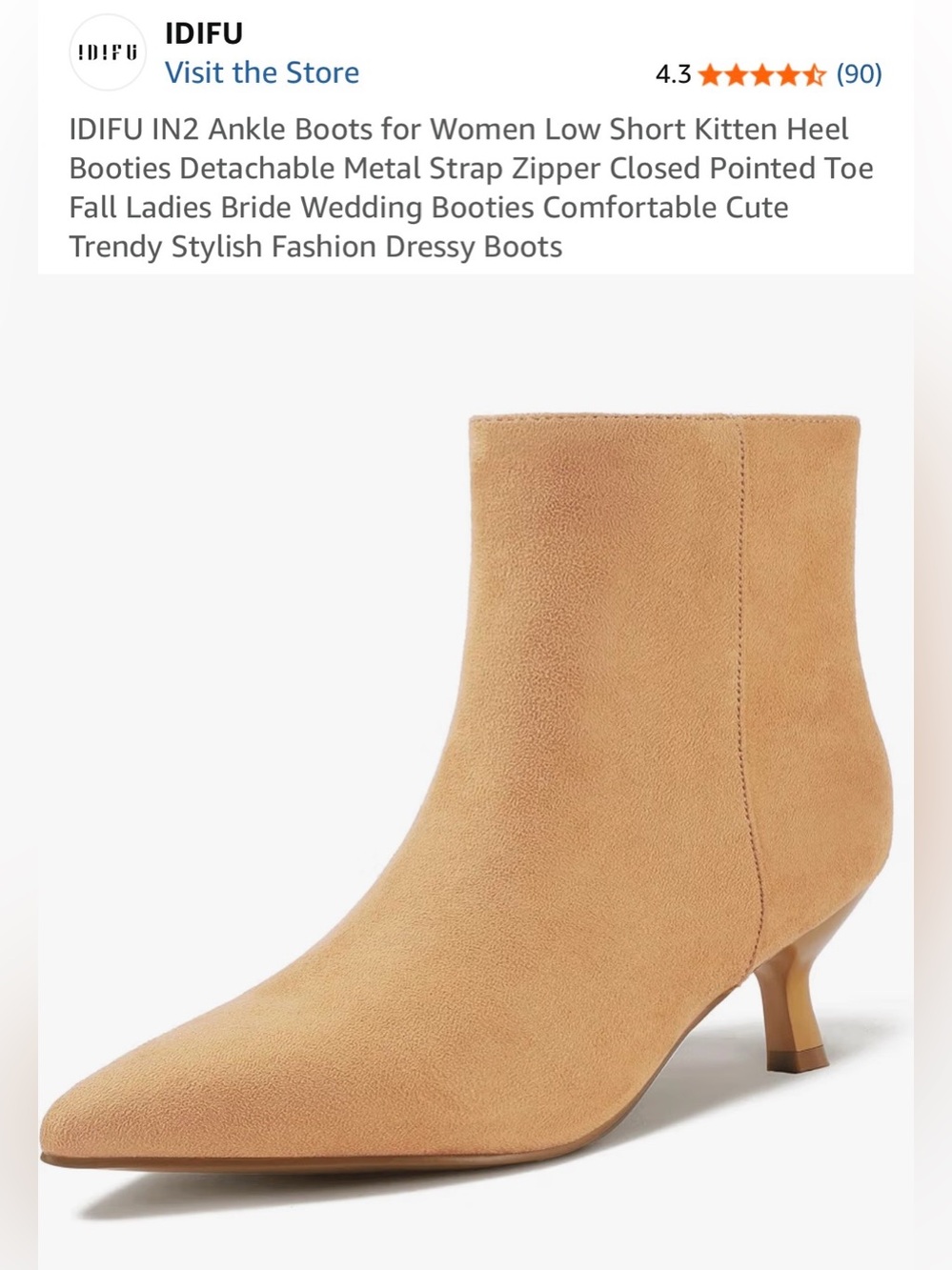 NWT IDIFU IN2 Tan Suede Pointed Ankle Booties with Kitten Heel Size: 7.5